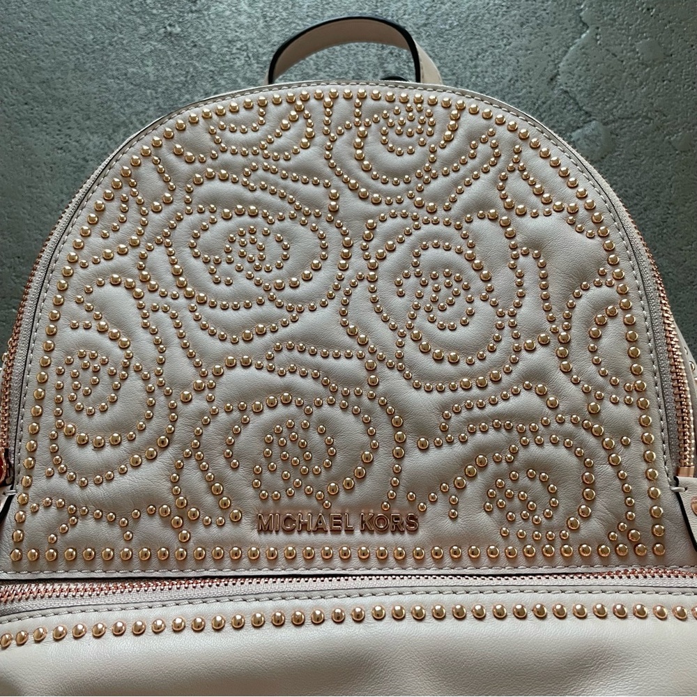 Michael Kors Beige Pink with Rose Gold Metal Rosette Studded Leather Backpack - Picture 5 of 15
